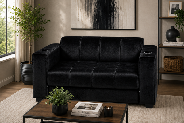Dreamy Comfort – Arcadia 2 Division Velvet Sofa with Cup Holders