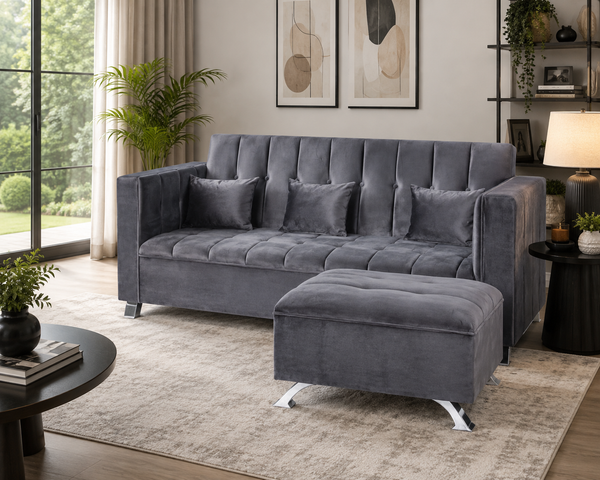 Dreamy Comfort - Justine 3-Seater Couch with Ottoman - Grey