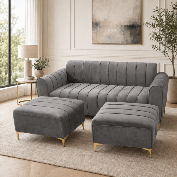 Dreamy Comfort- Okennas 3 seater and 2 ottoman velvet sofa - Grey